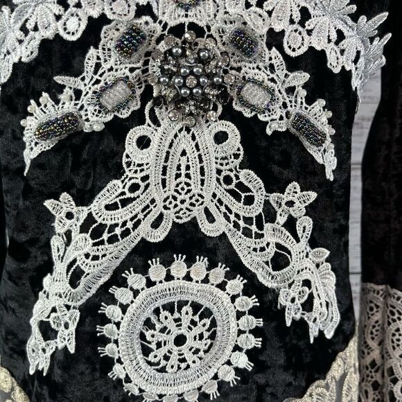 Passion Concept Blouse Tunic sz Small Black Velveteen Lace Beads Gothic Wedding - Picture 6 of 14